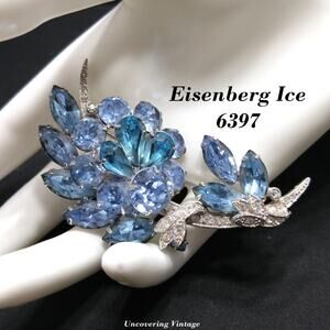 Eisenberg Ice Blue Rhinestone Brooch, Rhodium Plated, 1960s Vintage Jewelry